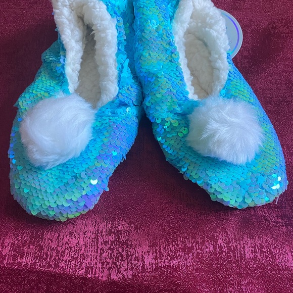 Girls teal blue sequins slippers - Picture 2 of 3
